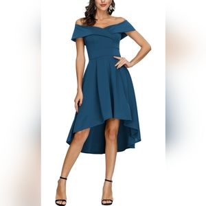 Jasambac dark blue off the shoulder high low formal dress nwt medium